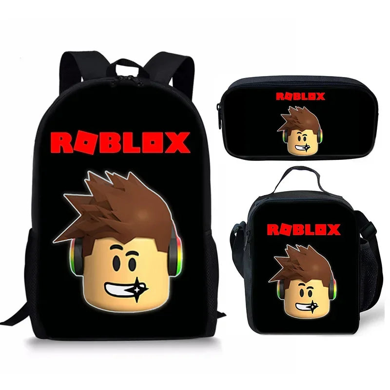 Three-piece Set of 3D New Roblox Student Schoolbag Lunch Bag Pencil Case Roblox Printed Backpack  Gift for Girls Kids Boys