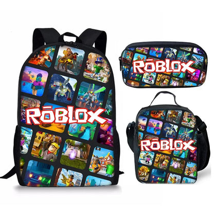 Three-piece Set of 3D New Roblox Student Schoolbag Lunch Bag Pencil Case Roblox Printed Backpack  Gift for Girls Kids Boys