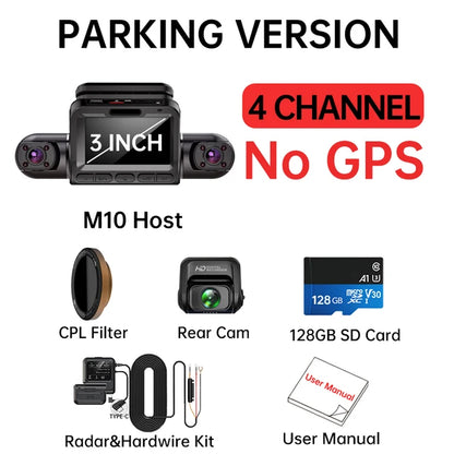 M10max 2K 1440P Dash Cam for Car DVR 4CH 360 Camera 24H Parking Monitor & GPS Night Vision Auto Video Recorder 256Gmax