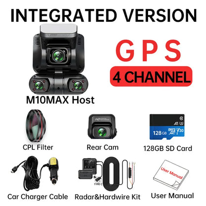 M10max 2K 1440P Dash Cam for Car DVR 4CH 360 Camera 24H Parking Monitor & GPS Night Vision Auto Video Recorder 256Gmax