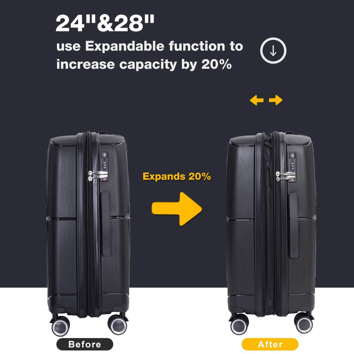 Travelhouse Expandable Hardshell Suitcase Double Spinner Wheels PP Luggage Sets Suitcase with TSA Lock,3-Piece Set (20/24/28） - MarvelouStoree