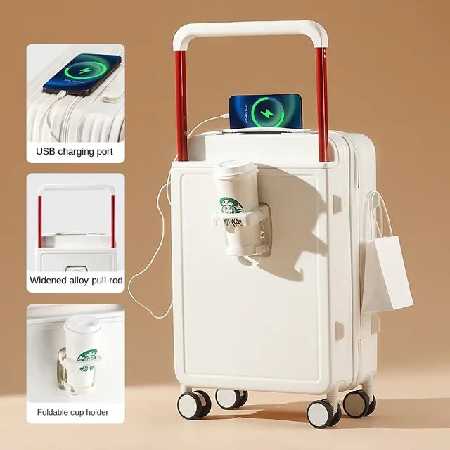 Trolley Suitcase External USB Charging Port Foldable Cup Holder Side Hook Boarding Combination Lock Suitcases 18 20 22 24 inch