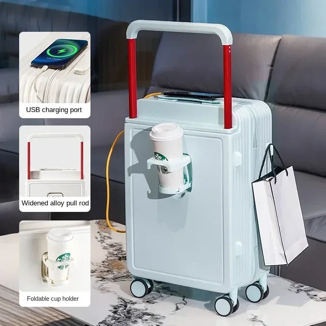 Trolley Suitcase External USB Charging Port Foldable Cup Holder Side Hook Boarding Combination Lock Suitcases 18 20 22 24 inch