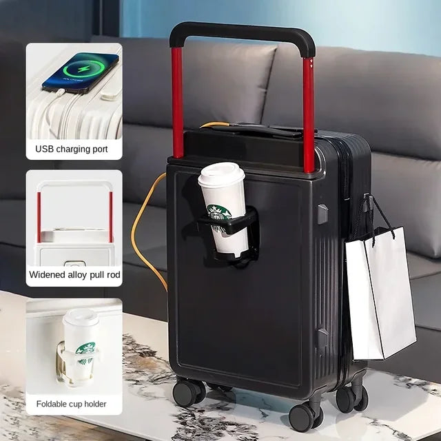 Trolley Suitcase External USB Charging Port Foldable Cup Holder Side Hook Boarding Combination Lock Suitcases 18 20 22 24 inch