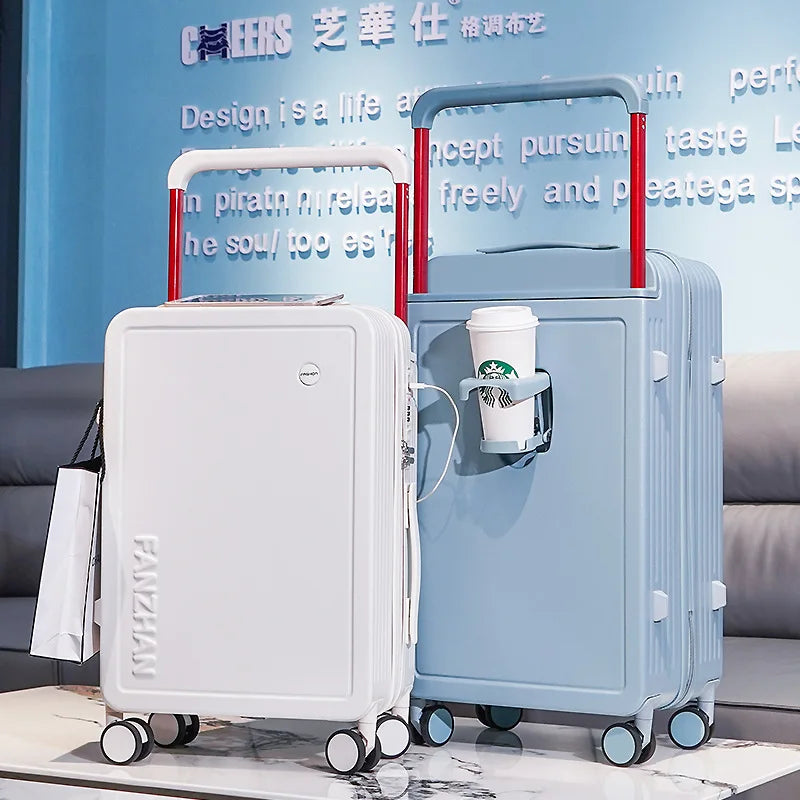 Trolley Suitcase External USB Charging Port Foldable Cup Holder Side Hook Boarding Combination Lock Suitcases 18 20 22 24 inch