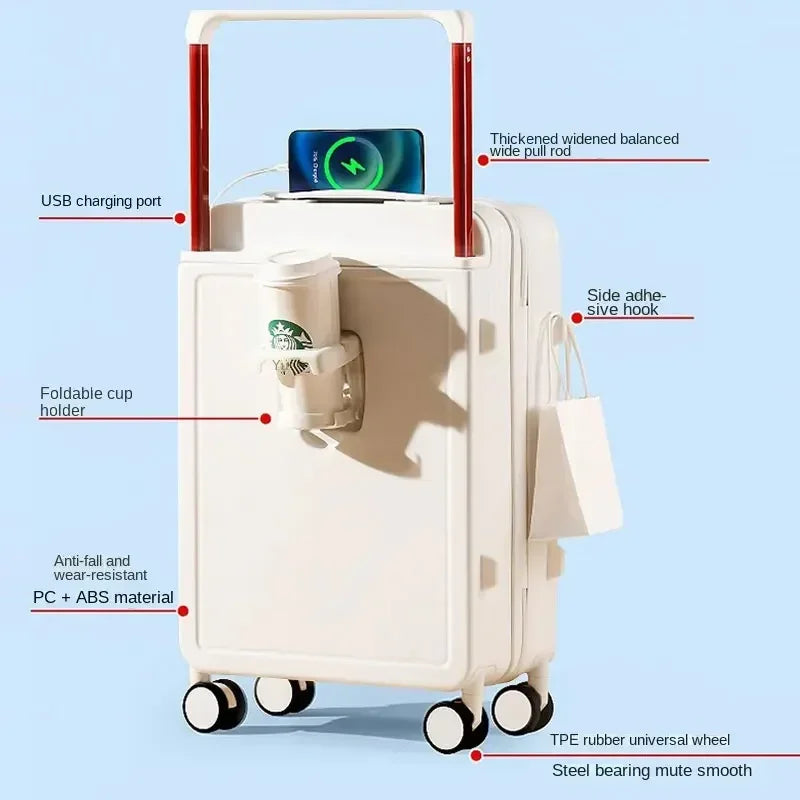 Trolley Suitcase External USB Charging Port Foldable Cup Holder Side Hook Boarding Combination Lock Suitcases 18 20 22 24 inch