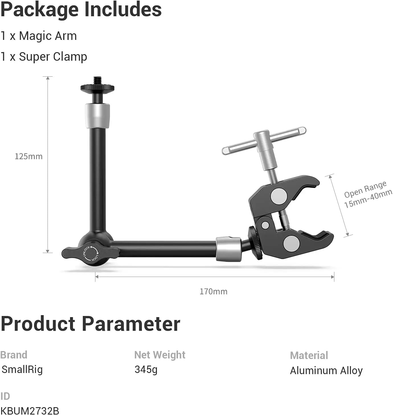 SmallRig Clamp w/ 1/4" and 3/8" Thread and 9.5 Inches Adjustable Friction Power Articulating Magic Arm for LCD Monitor/LED Light