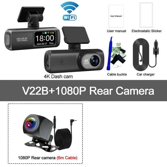 UHD 4K Dash Cam Dual Lens Driving Recorder Car DVR 1080P Rear Lens Camera Built-In WiFi GPS 24-Hour Parking Monitoring Black Box