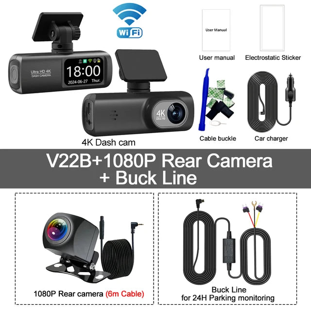 UHD 4K Dash Cam Dual Lens Driving Recorder Car DVR 1080P Rear Lens Camera Built-In WiFi GPS 24-Hour Parking Monitoring Black Box