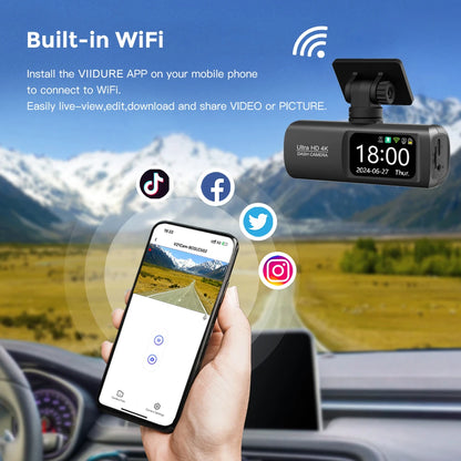 UHD 4K Dash Cam Dual Lens Driving Recorder Car DVR 1080P Rear Lens Camera Built-In WiFi GPS 24-Hour Parking Monitoring Black Box