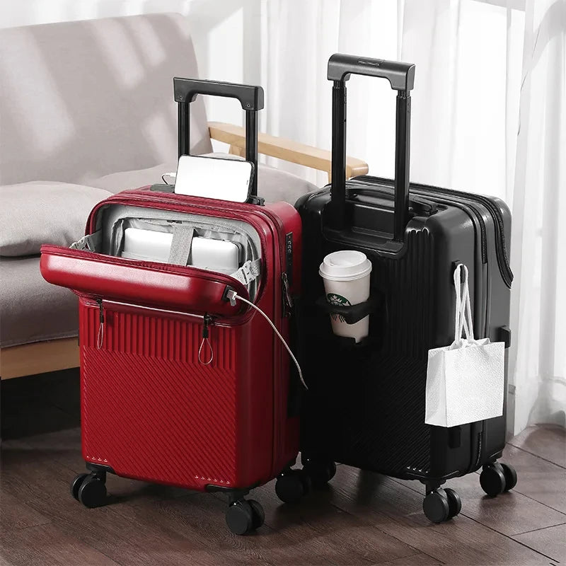 US Multi-Functional Front Fastening Luggage Large Capacity Women's Suitcase Cup Holder Trolley Case Luggage Case 20-Inch