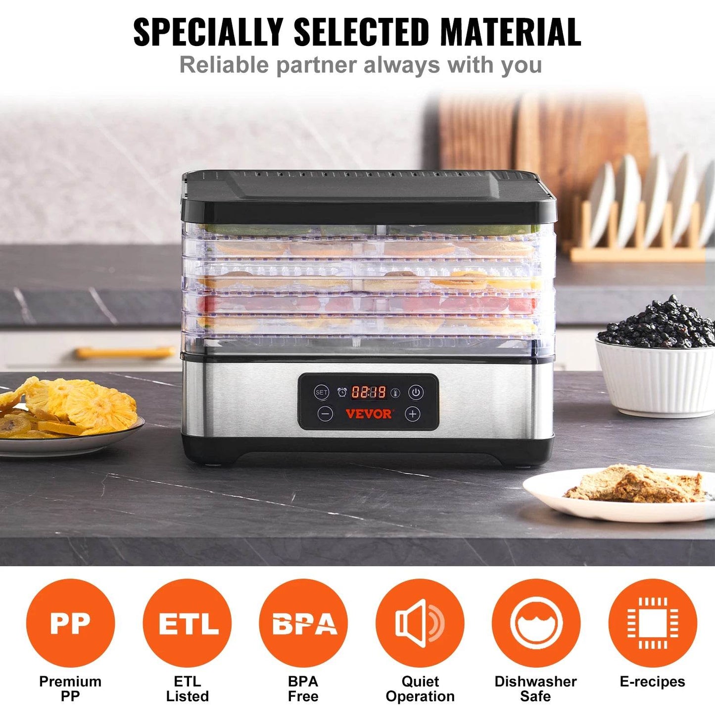 VEVOR 5 Tray Food Dehydrator Machine 300W Stainless Steel Electric Food Dryer w/ Digital Adjustable Timer & Temperature - MarvelouStoree