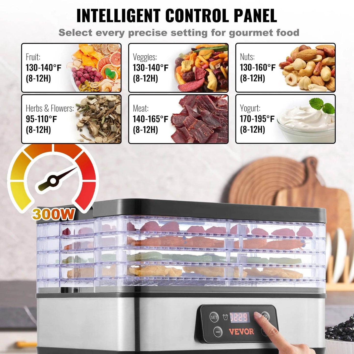 VEVOR 5 Tray Food Dehydrator Machine 300W Stainless Steel Electric Food Dryer w/ Digital Adjustable Timer & Temperature - MarvelouStoree