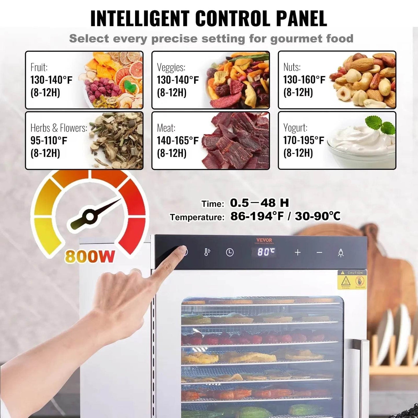 VEVOR Electric Food Dehydrator Machine with 10Tray Food Dehydrator 800/1000W Household Vegetables Fruit Dryer with Digital Timer - MarvelouStoree