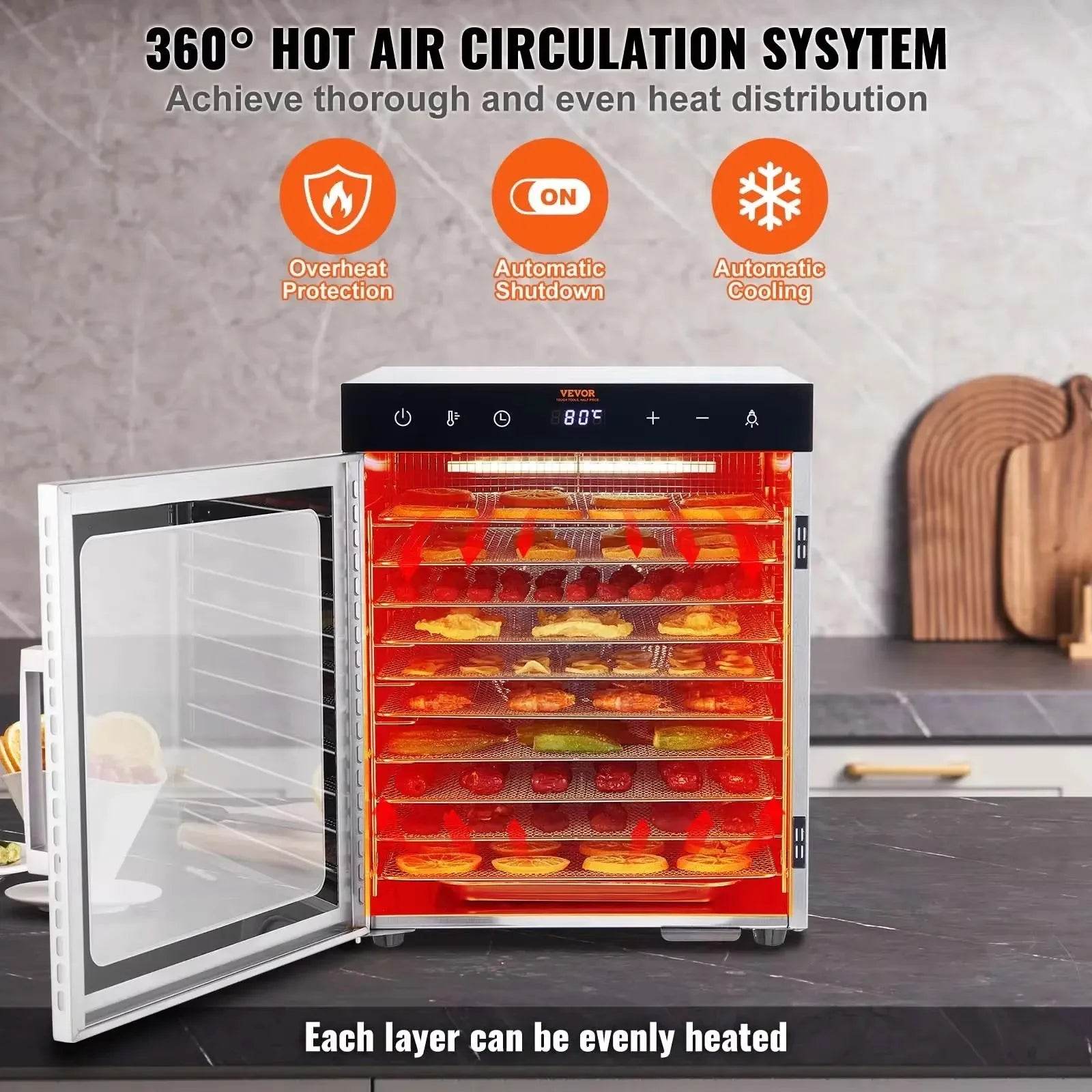 VEVOR Electric Food Dehydrator Machine with 10Tray Food Dehydrator 800/1000W Household Vegetables Fruit Dryer with Digital Timer - MarvelouStoree