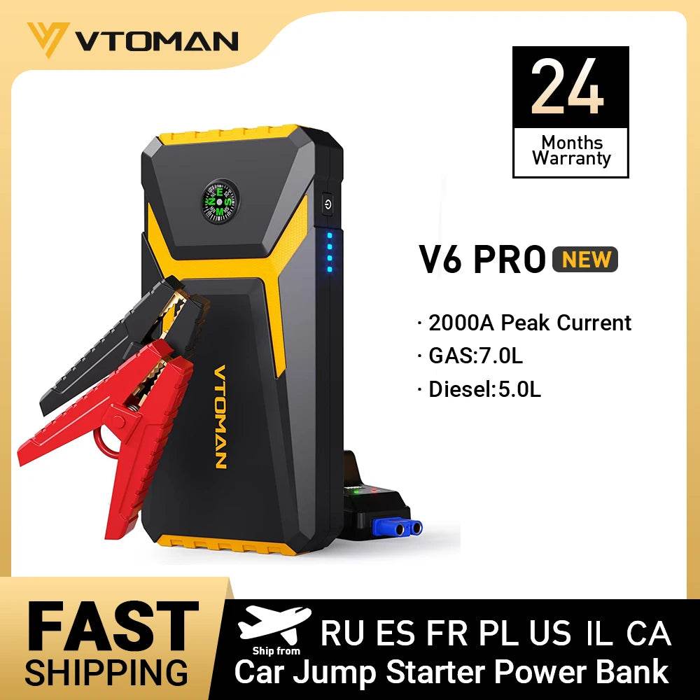 VTOMAN V6 Pro Car Jump Starter Power Bank 2000A Car Battery Charger Auto Emergency Booster Starting Device Jump Starter - MarvelouStoree