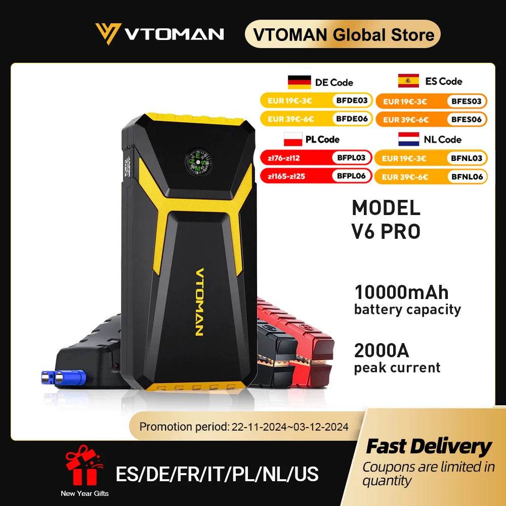 VTOMAN V6 Pro Car Jump Starter Power Bank 2000A Car Battery Charger Auto Emergency Booster Starting Device Jump Starter - MarvelouStoree