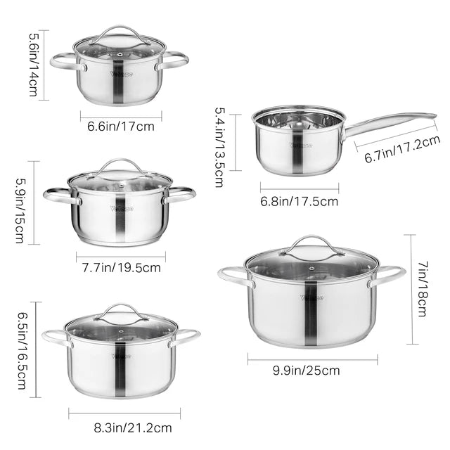 Velaze Cookware Set Stainless Steel 8/9/14 Piece Cooking Pot Pan Set Induction Safe Saucepan Casserole with Glass lid Non Stick