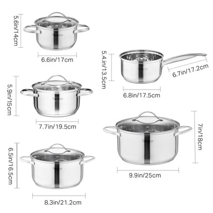 Velaze Cookware Set Stainless Steel 8/9/14 Piece Cooking Pot Pan Set Induction Safe Saucepan Casserole with Glass lid Non Stick