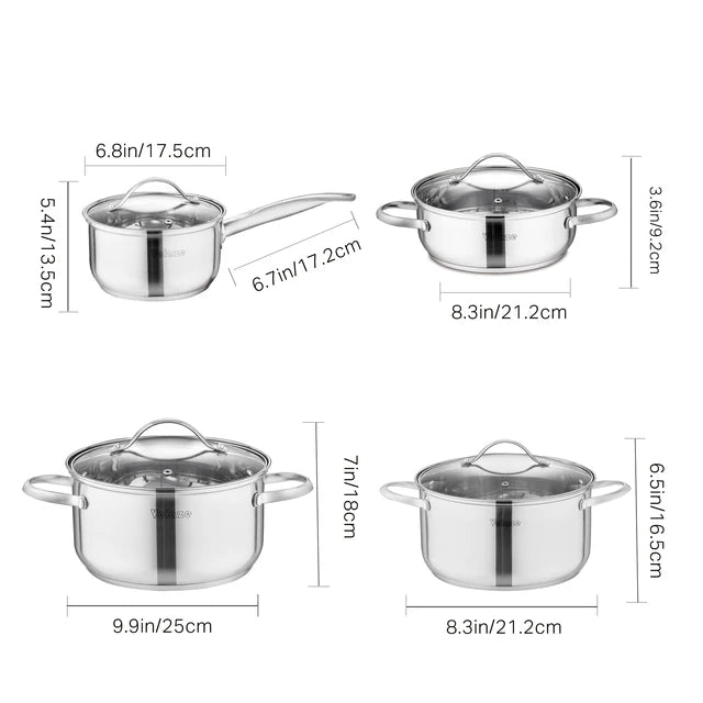 Velaze Cookware Set Stainless Steel 8/9/14 Piece Cooking Pot Pan Set Induction Safe Saucepan Casserole with Glass lid Non Stick