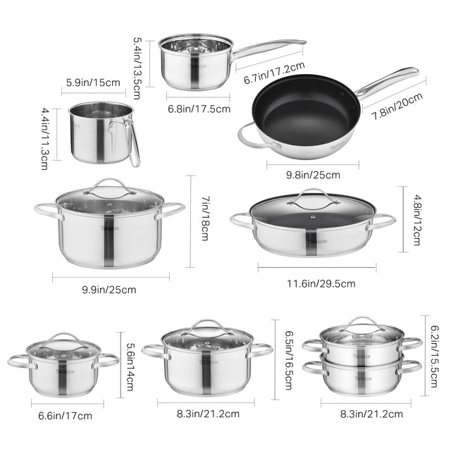 Velaze Cookware Set Stainless Steel 8/9/14 Piece Cooking Pot Pan Set Induction Safe Saucepan Casserole with Glass lid Non Stick