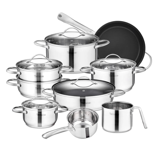 Velaze Cookware Set Stainless Steel 8/9/14 Piece Cooking Pot Pan Set Induction Safe Saucepan Casserole with Glass lid Non Stick