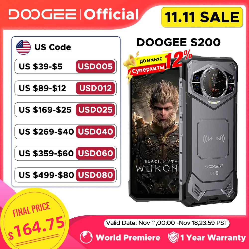 World Premiere DOOGEE S200 5G Rugged Phone 6.72" 120Hz Display 12GB RAM 256GB ROM 100MP AI Main Camera 10100mAh Android 14 NFC