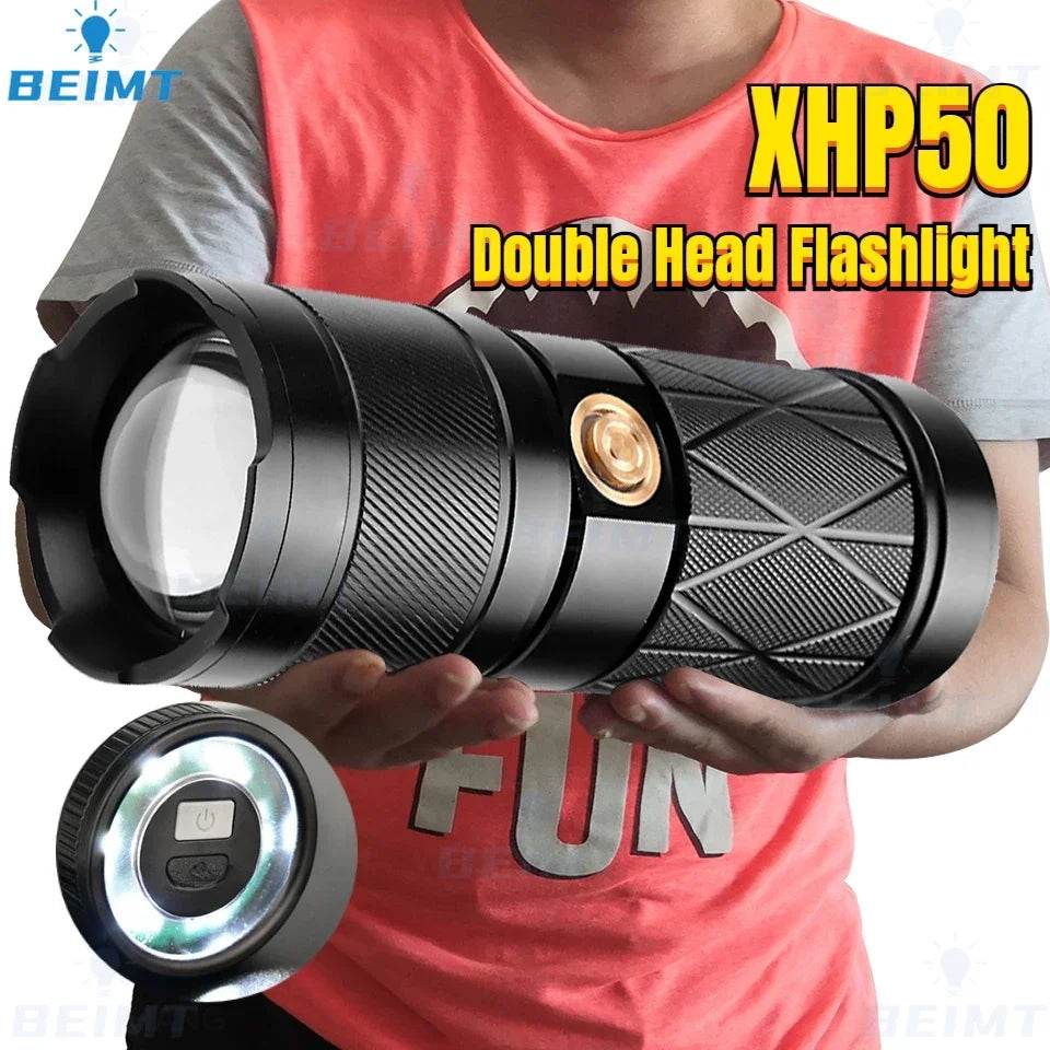 XHP50 Super Bright Led Double Head Flashlight Waterproof Rechargeable Zoomable Torch Work Light Spotlight Floodling Lantern - MarvelouStoree