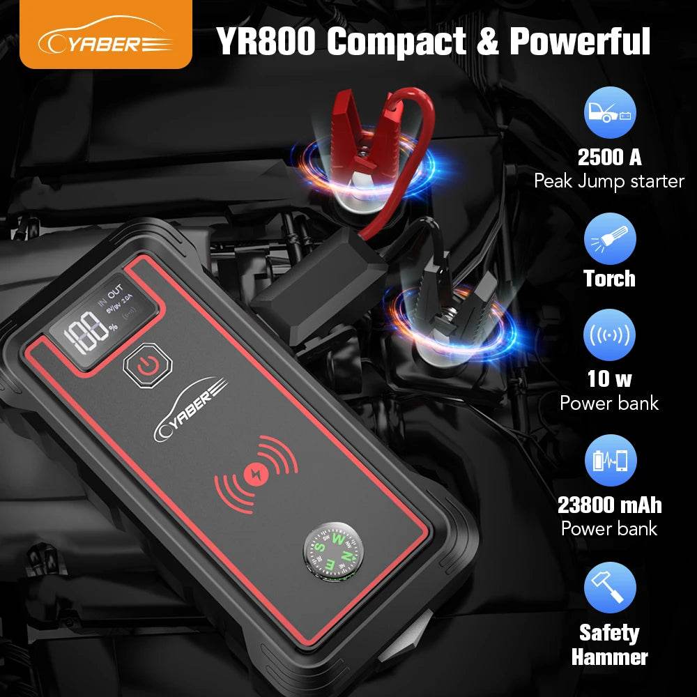 YABER 2500A Car Starter Battery 23800mAh Portable Car Battery 10W Wireless Charger LED Light Safety Batteri Charger Jump Starter - MarvelouStoree