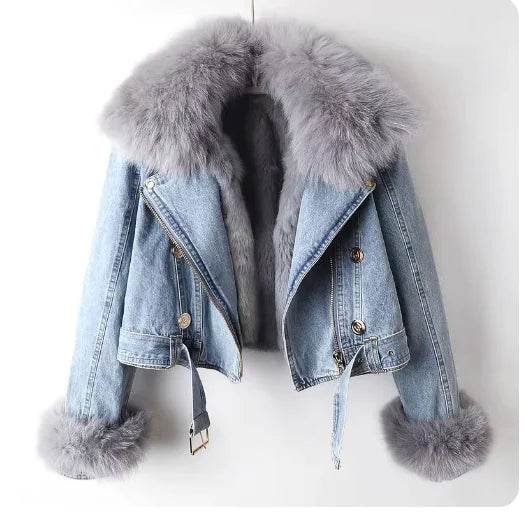 Denim Coat with Removable Fox & Rabbit Fur Liner - MarvelouStoree