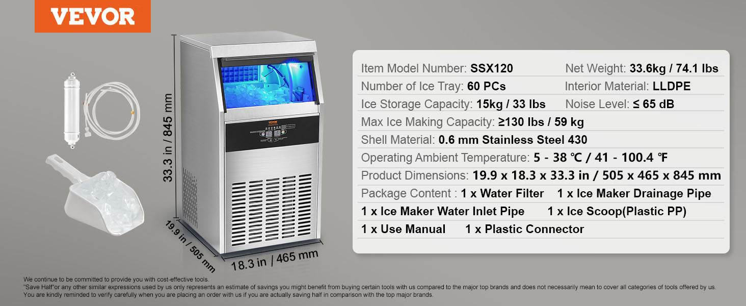 VEVOR Commercial Ice Maker Machine 60 Ice Cubes in 12-15 Minute Freestanding Cabinet 33lbs Storage Capacity LED Digital Display - MarvelouStoree