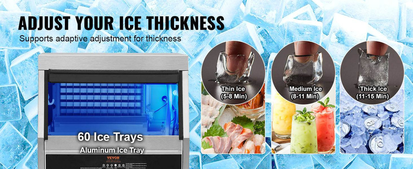 VEVOR Commercial Ice Maker Machine 60 Ice Cubes in 12-15 Minute Freestanding Cabinet 33lbs Storage Capacity LED Digital Display - MarvelouStoree