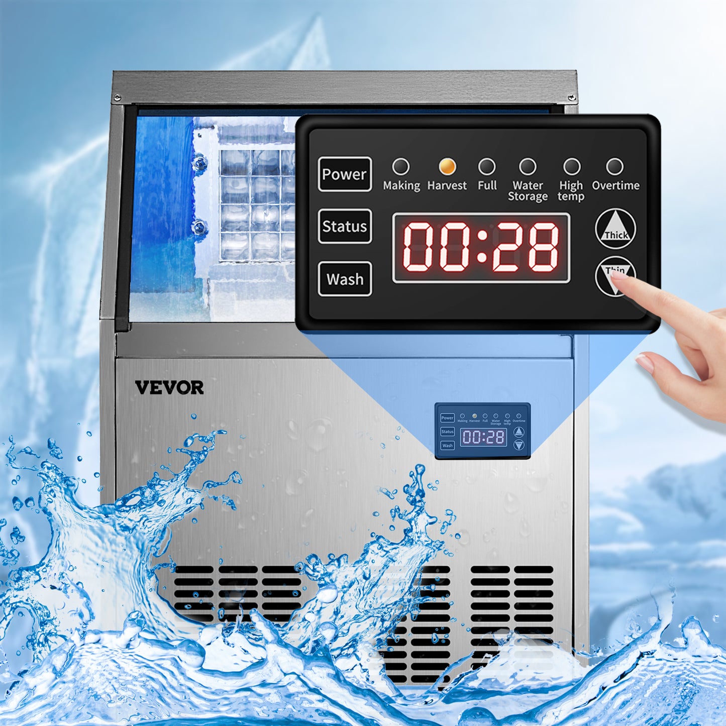 VEVOR Commercial Cube Ice Maker 40-70 KG/24H Freestanding Auto Clear Liquid Freezer Ice Generator Machine 110V Home Appliance