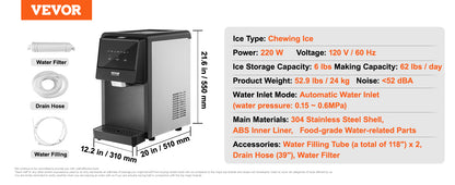 VEVOR Countertop Nugget Ice Maker Auto Self-Cleaning Portable Ice Maker with Water Filling Pipe Water Filter and Drainpipe