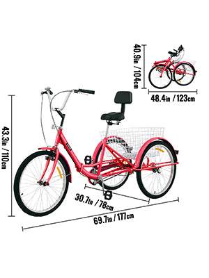 VEVOR Foldable Adult Tricycle 24'' 1 Speed Red White Green Blue 3-Wheel Folding Bike with Shopping Basket - MarvelouStoree