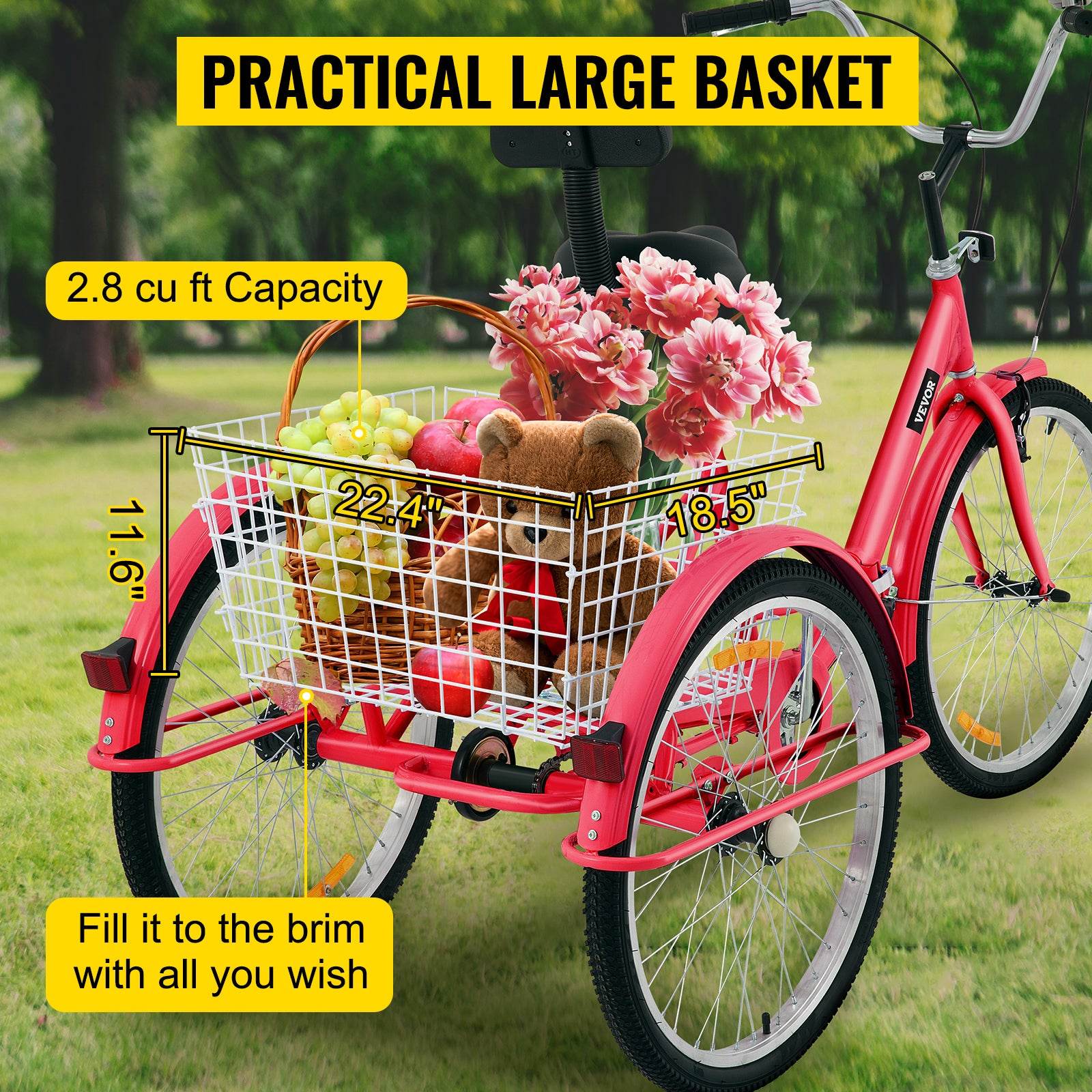 VEVOR Foldable Adult Tricycle 24'' 1 Speed Red White Green Blue 3-Wheel Folding Bike with Shopping Basket - MarvelouStoree