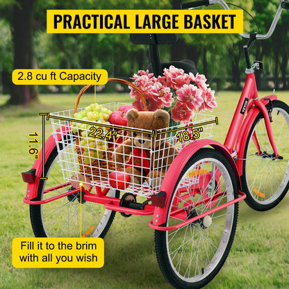 VEVOR Foldable Adult Tricycle 24'' 1 Speed Red White Green Blue 3-Wheel Folding Bike with Shopping Basket - MarvelouStoree