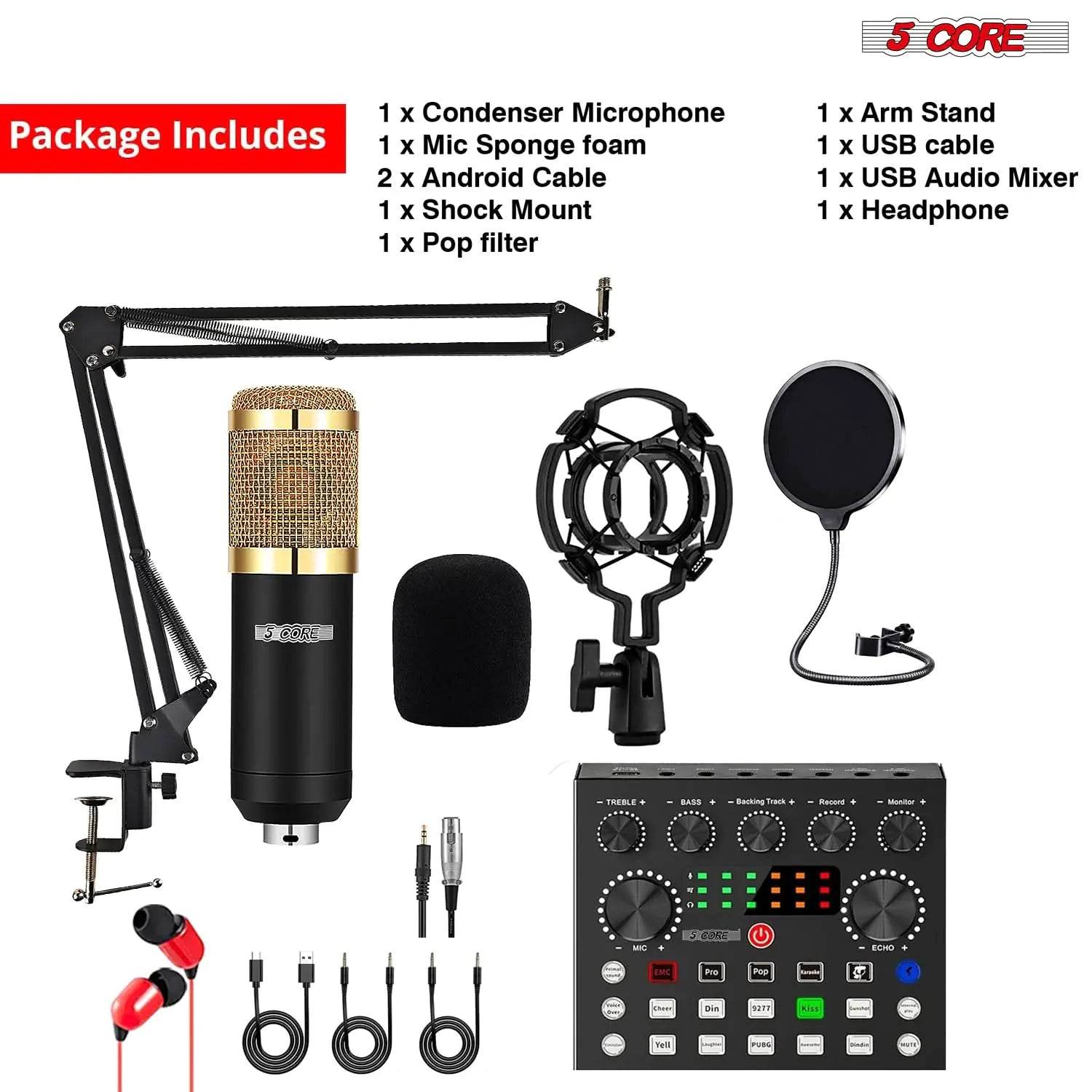 5Core Recording Microphone Podcast Bundle Professional Condenser Cardioid Mic Kit w Boom Arm - MarvelouStoree