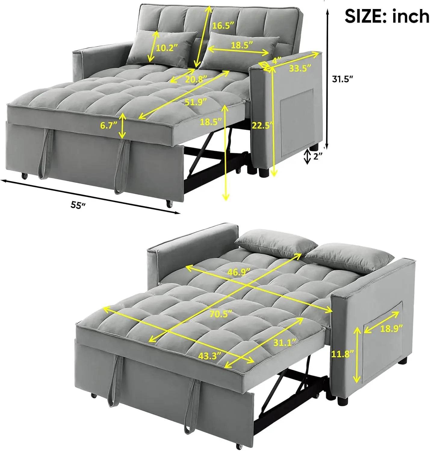 in 1 Convertible Sleeper Sofa Bed, Modern Velvet Loveseat Futon Couch w/Pullout Bed, Small Love Seat Lounge Sofa w/Reclining B - MarvelouStoree