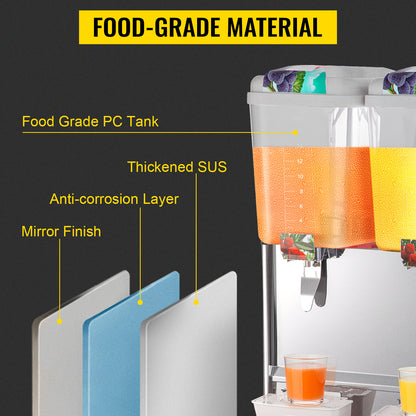 VEVOR Commercial Beverage Dispenser 18L 1/2/3 Tank Cold Beverage Dispenser Stainless Steel Juice Dispenser Thermostat Controller