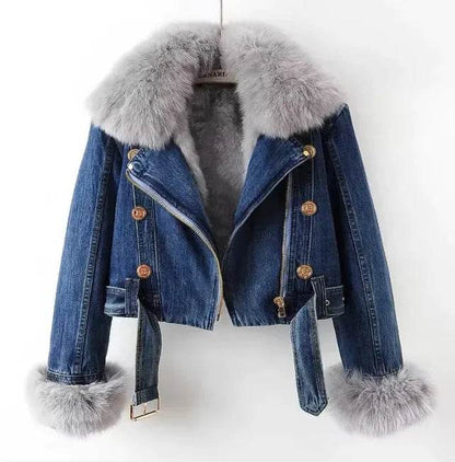 Denim Coat with Removable Fox & Rabbit Fur Liner - MarvelouStoree