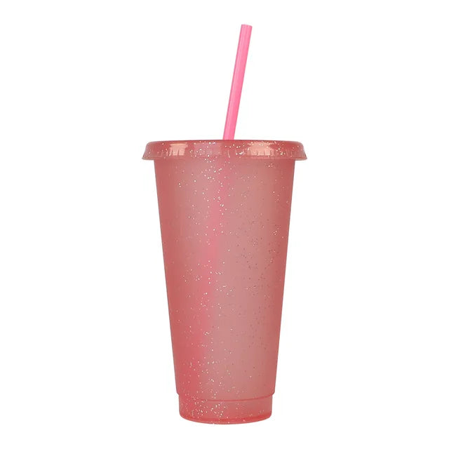 Marveloustoree reusable 700ml 710ml 24oz plastic glitter cup glitter beaker with straw