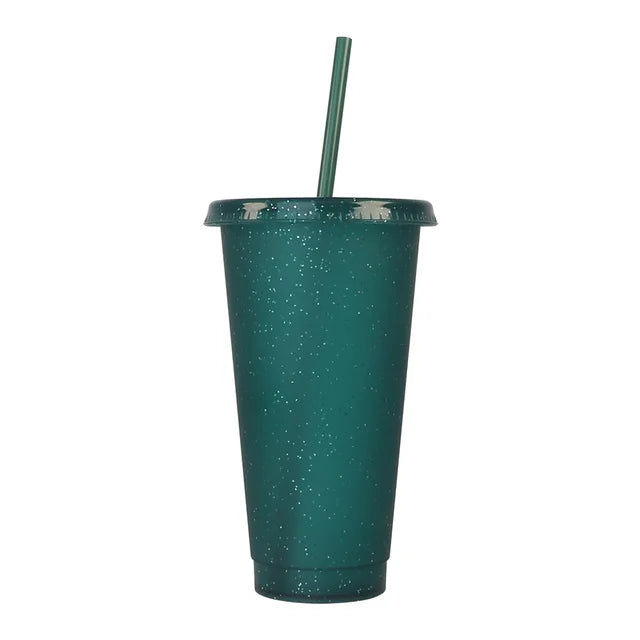 Marveloustoree reusable 700ml 710ml 24oz plastic glitter cup glitter beaker with straw