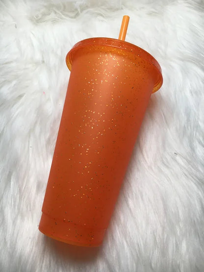 Marveloustoree reusable 700ml 710ml 24oz plastic glitter cup glitter beaker with straw