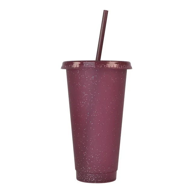 Marveloustoree reusable 700ml 710ml 24oz plastic glitter cup glitter beaker with straw